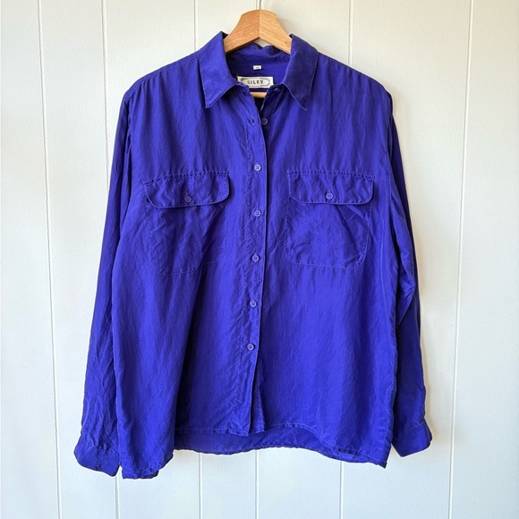 Vintage Silk Blue Button Down Shirt | Size Medium - Picture 2 of 10